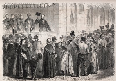 सम्राट नेपोलियन III (1808-1873) स्ट्रॉस ए विची के विला की छत पर, रविवार 7 जुलाई 1861 को ग्रामीण इलाकों के लोगों द्वारा बधाई दी गई - "द इलस्ट्रस वर्ल्ड" में उत्कीर्णन द्वारा अज्ञात कलाकार