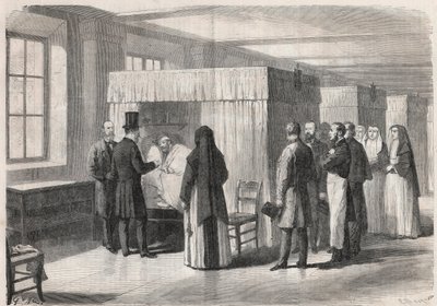 सम्राट नेपोलियन III (1808-1873) हैजा के रोगियों के लिए होटल डीयू (होटल-डीयू) के कमरों का दौरा करते हैं और उनके साथ बातचीत करते हैं - "द इलस्ट्रस वर्ल्ड" में उत्कीर्णन। द्वारा अज्ञात कलाकार