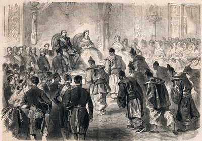 सम्राट नेपोलियन III और इंप्रेस यूजिनी डी मोंटिजो ने 13 अप्रैल 1862 को पेरिस में ट्यूलरीज में जापानी राजदूतों का सत्कार किया। 1862 से "ले मोंडे इलस्ट्रियस" में उत्कीर्णन। निजी संग्रह। द्वारा अज्ञात कलाकार