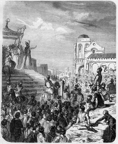 कैरोलिंगियन साम्राज्य का अंत: चार्ल्स III 3 द ग्रोस (839-888) पश्चिम के सम्राट (881 - 888) और फ्रांस के रीजेंट (884 - 887) का 887 में चित्रण। "" हिस्टोइरे डी फ्रांस एन सेंट पेंटिंग्स में उत्कीर्णन पॉल लेहुगुर "" 1891 द्वारा अज्ञात कलाकार