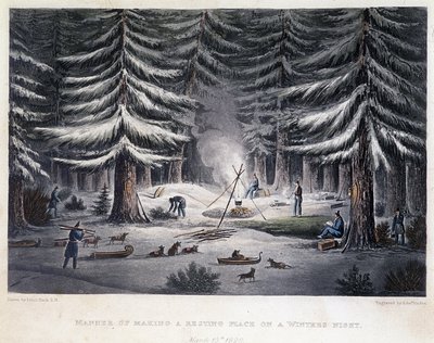 एक सर्दियों की रात के दौरान एक शिविर की स्थापना - "" में 1819-1821 के वर्षों में ध्रुवीय समुद्र के तटों की यात्रा का वर्णन", जॉन फ्रैंकलिन द्वारा, एड। लंडन द्वारा अज्ञात कलाकार