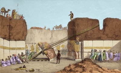 नीनवे (निनवे) की खुदाई - हेनरी लेयार्ड द्वारा निमरुद (निमरूद) के खंडहर (19वीं शताब्दी में मेसोपोटामिया की अपनी यात्रा के बाद); ग्रेट बुल विंग का प्रतिस्थापन - सर ऑस्टेन हेनरी की खुदाई के दौरान निमरुद से एक पंख वाले बैल का शिपमेंट द्वारा अज्ञात कलाकार