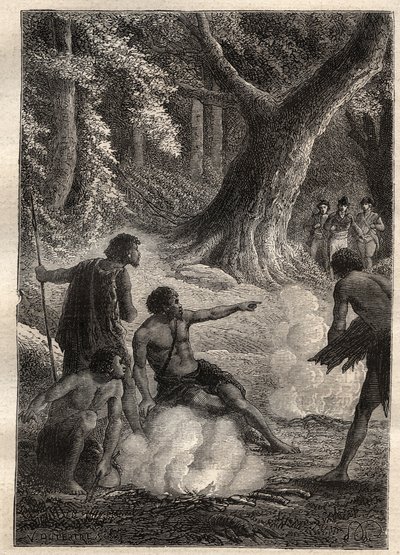 1791 में जीन फ्रेंकोइस गैलाउप डी ला पेरोस (1741-1788) की तलाश में एंटोनी ब्रूनी (ब्रूनी) डी'एंट्रेकास्टो (1737-1793) द्वारा अभियान: एंट्रेकास्टो (तस्मानिया) के डेट्रॉइट के पास जंगल में आग को बनाए रखने के लिए चार प्राकृतिक लोगों ने कब्जा कर लिया , ऑस्ट् द्वारा अज्ञात कलाकार