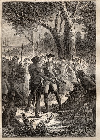 निकोलस थॉमस मैरियन-डुफ्रेसने (मैरियन डुफ्रेसने) (1729-1772) द्वारा अभियान: मैरियन फ्रेडरिक हेनरी बे (तस्मानिया) में उतरा और स्वदेशी लोगों द्वारा प्रज्वलित एक ब्रैंडन की पेशकश की गई - "18 वीं शताब्दी के महान नाविक" से लिया गया चित्रण। द्वारा अज्ञात कलाकार