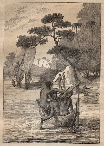 निकोलस थॉमस मैरियन-डुफ्रेसने (मैरियन डुफ्रेसने) (1729-1772) द्वारा अभियान: एडमिरौट (बिस्मार्क द्वीपसमूह, पापुआ न्यू गिनी) के द्वीपों से डोंगी - "18 वीं शताब्दी के महान नाविक" से लिया गया चित्रण। द्वारा अज्ञात कलाकार