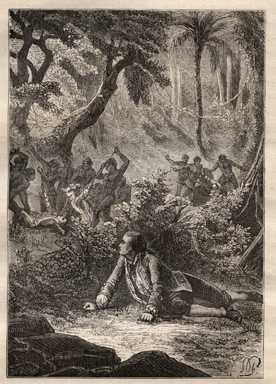 निकोलस थॉमस मैरियन-डुफ्रेसने (मैरियन डुफ्रेसने) (1729-1772) द्वारा अभियान: एकमात्र जीवित नाविक हत्यारे खाड़ी (मटुआरो द्वीप, न्यूजीलैंड) के मूल निवासियों द्वारा मैरियन सहित अपने सभी साथियों के नरसंहार का गवाह है - चित्रण "से लिया गया" जी द्वारा अज्ञात कलाकार