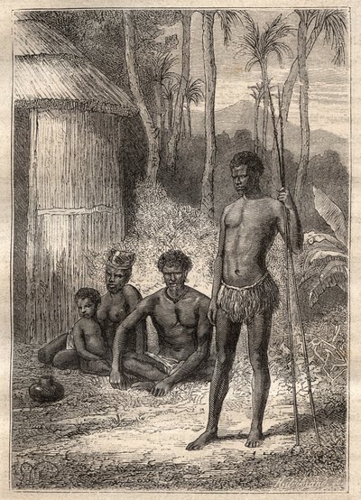 1791 में जीन फ्रेंकोइस गैलाउप डी ला पेरोस (1741-1788) की तलाश में एंटोनी ब्रूनी (ब्रूनी) डी'एंट्रेकास्टो (1737-1793) का अभियान: स्वदेशी नव कैलेडोनिया - "18 वीं शताब्दी के ग्रैंड्स मेरिनर्स" से लिया गया चित्रण। द्वारा अज्ञात कलाकार