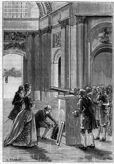 डोम डेस इनवैलिड्स (पेरिस) में पियरे बौगुएर (1698-1758) का अनुभव गर्मी (1745) द्वारा निकायों के विस्तार को प्रदर्शित करने के लिए। 27 अप्रैल 1895 को "" प्रकृति: विज्ञान और कला और उद्योग के लिए उनके अनुप्रयोगों की समीक्षा "" में उत्कीर्णन। द्वारा अज्ञात कलाकार