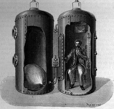 शरीर विज्ञानी पॉल बर्ट (1833-1886) द्वारा बैरोमीटर के दबाव पर अनुभव: एक सुरोक्सीजेनिक हवा की सांस, दबाव कम होने से फैलती है। 22 दिसंबर 1 के "" ला नेचर: रिव्यू डेस साइंसेज एट डे लेर्स एप्लिकेशन ऑक्स आर्ट्स एट ए एल 'इंडस्ट्री" में उत्कीर्ण द्वारा अज्ञात कलाकार