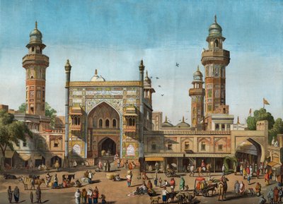 लाहौर, पाकिस्तान में वज़ीर खान मस्जिद का बाहरी दृश्य। 22 मई 1858 के "" द इलस्ट्रेटेड लंदन न्यूज "" में उत्कीर्णन। द्वारा अज्ञात कलाकार
