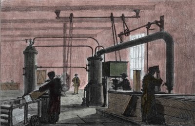 फर्डिनेंड कैरे (1824-1894) की प्रणाली के साथ बर्फ के निर्माण के लिए कारखाना। 19वीं सदी की नक्काशी। द्वारा अज्ञात कलाकार