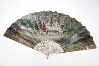 पंखा, c.1870, मुद्रित और चित्रित कागज, मोती, सोना, चांदी और तांबे की धातुओं की माँ, और दर्पण, निर्माता अज्ञात द्वारा अज्ञात कलाकार