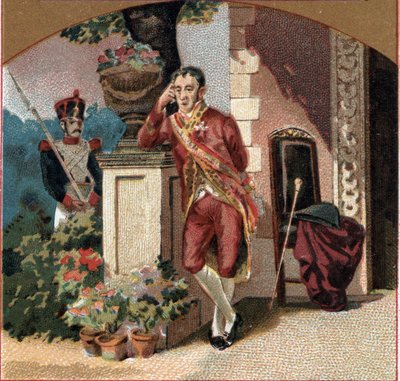 स्पेन के फर्डिनेंड VII (1784-1833) वैलेंके (इंद्रे) के महल में नेपोलियन I का कैदी। 19वीं सदी के अंत की क्रोमोलिथोग्राफी द्वारा अज्ञात कलाकार