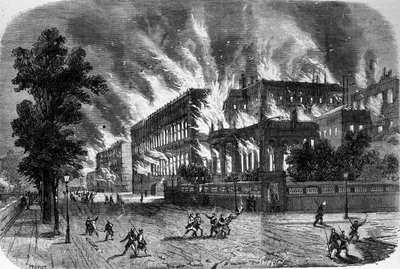 23 मार्च 1871 को पेरिस में कम्यून के दौरान कोर्ट ऑफ ऑडिटर्स और लीजन डी'होनूर की आग। 19वीं सदी की नक्काशी। द्वारा अज्ञात कलाकार