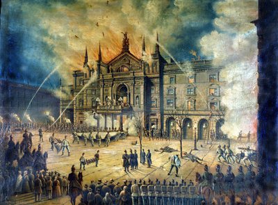 1881 में वियना ओपेरा वीनर रिंगथिएटर की आग। 19वीं सदी की ड्राइंग द्वारा अज्ञात कलाकार