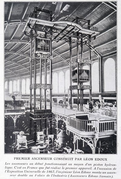1867 की सार्वभौमिक प्रदर्शनी में लियोन एडौक्स द्वारा निर्मित पहली लिफ्ट द्वारा अज्ञात कलाकार
