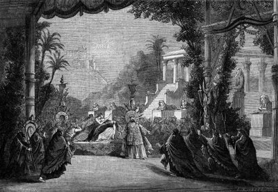 हेक्टर बर्लियोज़ के ओपेरा "लेस ट्रॉयन्स" के 1863 में पेरिस के ओपेरा थियेटर में पहला प्रदर्शन। 5 वाँ कार्य: दीदोन की मृत्यु। द्वारा अज्ञात कलाकार