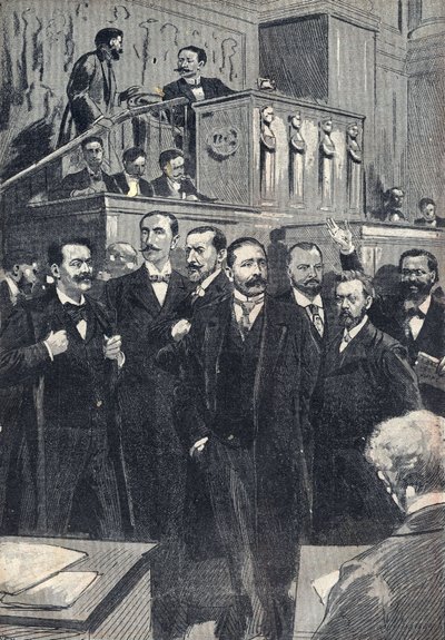 1898 में निर्वाचित प्रतिनिधि सभा की पहली बैठक: पॉल डेशनेल (1855-1922), चैंबर ऑफ डेप्युट के अध्यक्ष। पॉल एडॉल्फे ग्रेनियर डी कैसग्नैक (1842-1904), लुसिएन मिलेवोय (1850-1918), पॉल डेरौलेडे (1846-1914), जैक्स पियो (1838-1932), यूजेन द्वारा अज्ञात कलाकार
