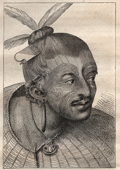 कैप्टन जेम्स कुक (1728-1779) की पहली यात्रा (1768-1771): एक नियो-ज़ेलैंडिस (नियो ज़ेलैंडैस) का टैटू वाला सिर - "18 वीं शताब्दी के महान नाविक" से लिया गया चित्रण। द्वारा अज्ञात कलाकार
