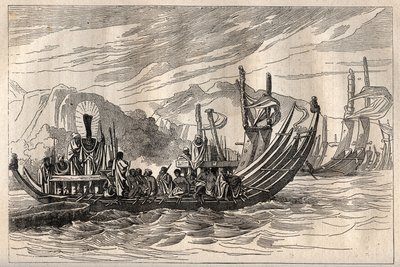 कप्तान जेम्स कुक (1728-1779) की पहली यात्रा (1768-1771): ताहिती बेड़ा ओपारी में इकट्ठा हुआ - "18 वीं शताब्दी के महान नाविक" से लिया गया चित्रण। द्वारा अज्ञात कलाकार