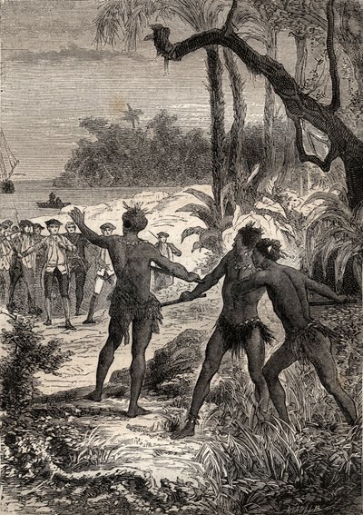 कैप्टन जेम्स कुक (1728-1779) की पहली यात्रा (1768-1771): जबकि कुक और दस नाविक न्यू गिनी के मेरिडियन तट पर रवाना हुए, तीन भारतीय बड़ी चीख के साथ जंगल से बाहर निकले - चित्रण "द ग्रेट मेरिनर्स ऑफ द ग्रेट मेरिनर्स" से लिया गया है। 18वीं सदी"&quo द्वारा अज्ञात कलाकार