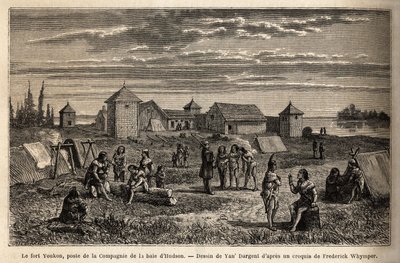फोर्ट यूकॉन, नॉर्टन, अलास्का की खाड़ी में, 1847 में स्थापित, हडसन बे कंपनी की स्थापना, भारतीयों ने महल के चारों ओर डेरा डाला। फ्रेडरिक द्वारा अंग्रेजी कोलंबिया, वैंकूवर द्वीप और अलास्का में यात्रा और रोमांच को चित्रित करने के लिए उत्कीर्णन द्वारा अज्ञात कलाकार