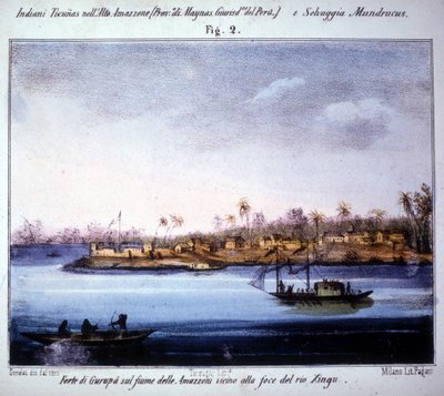 इक्वाडोर में रियो ज़िंगू के मुहाने के पास, अमेज़न नदी पर गुरुपी का किला। 1846 - 1848 से उत्कीर्णन। द्वारा अज्ञात कलाकार