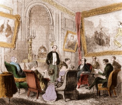 फ्रेंकोइस रेने डी चेटेउब्रिआंड (1768-1848), फ्रांसीसी लेखक और राजनीतिज्ञ, एबे-औ-बोइस, रुए डे सेवरेस, पेरिस में मैडम रिकैमियर के रहने वाले कमरे में "मेमोयर्स डी आउट्रे-टॉम्ब" पढ़ते हुए - उत्कीर्णन द्वारा अज्ञात कलाकार