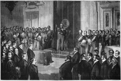 फ्रेडरिक विलियम IV (1795-1861), प्रशिया के राजा, संविधान की शपथ, 6 फरवरी 1850, पॉल बुएर्डे के बाद लकड़ी की नक्काशी द्वारा अज्ञात कलाकार