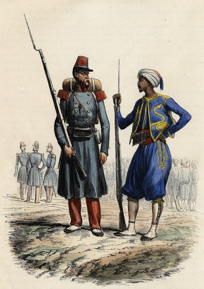 फ्रांसीसी सैन्य वर्दी: बाईं ओर, एक विदेशी सेना का गठन किया गया और 1831 में अल्जीरिया भेजा गया। दाईं ओर, स्वदेशी सवारों को प्रशिक्षित किया गया और 1841 में अल्जीरिया भेजा गया। L'Algerie ancienne et Moderne par Leon Galibert में द्वारा अज्ञात कलाकार