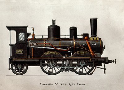 फ्रेंच ट्रेन: 1855 का लोकोमोटिव न्यूमेरो 154। उत्कीर्णन। पेरिस, सजावटी कला द्वारा अज्ञात कलाकार
