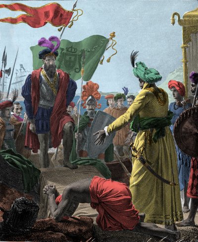 वास्को डी गामा (1469-1524, पुर्तगाली खोजकर्ता) से 1498 में भारत में कालीकट (वर्तमान कोझीकोड) तक। उत्कीर्णन 1817.. द्वारा अज्ञात कलाकार