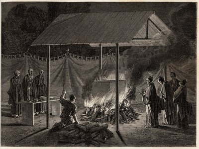 अंतिम संस्कार समारोह: अनुष्ठान भस्मीकरण। एडौर्ड चार्टन के निर्देशन में प्रकाशित "ले टूर डू मोंडे, नोव्यू जर्नल डेस वॉयेजेस" में स्विस परिसंघ के मंत्री एमे हम्बर्ट द्वारा १८६३-१८६४ में जापान की यात्रा को चित्रित करने के लिए उत्कीर्णन द्वारा अज्ञात कलाकार