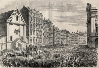 मेक्सिको के सम्राट मैक्सिमिलियन प्रथम का अंतिम संस्कार (1832-1867): वियना के कैपुचिन चर्च के सामने अंतिम संस्कार मंडल का आगमन। "" ल 'विश्वविद्यालय शानदार" में उत्कीर्णन द्वारा अज्ञात कलाकार