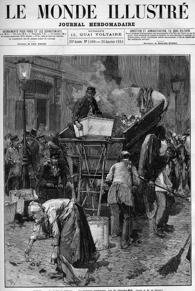 गारबेज बॉक्स, पेरिस में नया ट्रक rue du Cherche Midi (Cherche-Midi). पेरिस में एक सड़क पर कचरे को गाड़ी में डालने के लिए उठाते पुरुष और महिलाएं, इस प्रकार जीवन को साफ करते हैं। "" ले मोंडे इलस्ट्र्रे "" में उत्कीर्णन द्वारा अज्ञात कलाकार