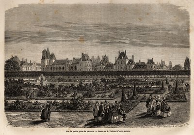 फर्श से लिया गया फॉनटेनब्लियू के महल और उद्यानों का सामान्य दृश्य। 1867 में एम.पे द्वारा "ले टूर डू मोंडे, नोव्यू जर्नल डेस वॉयेजेस" में, फॉनटेनब्लियू के महल और जंगल के विवरण को स्पष्ट करने के लिए उत्कीर्ण किया गया था। द्वारा अज्ञात कलाकार