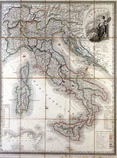 1850 में विभिन्न राज्यों की सीमाओं के परिसीमन के साथ इटली का भौगोलिक मानचित्र जो रिसोर्गिमेंटो से पहले देश बना। द्वारा अज्ञात कलाकार