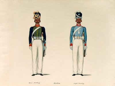 गोलकुंज, मद्रास हॉर्स आर्टिलरी; और सोवर, मद्रास लाइट कैवलरी, 1835 के लगभग। द्वारा अज्ञात
