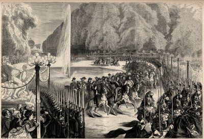 14 अगस्त की भव्य पत्रिका: सम्राट नेपोलियन III (1808-1873), उसके बाद उनके कर्मचारियों ने पेरिस में तुइलरीज गार्डन को पार किया। उनके बेटे, शाही राजकुमार यूजीन लुई जोसेफ (1856-1879), उनके दाईं ओर हैं। "ब्रह्मांड शानदार" में उत्कीर्णन द्वारा अज्ञात कलाकार