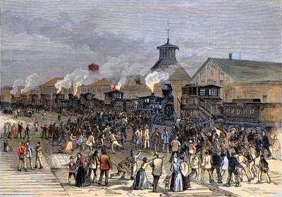 1877 में ग्रेट रेलरोड स्ट्राइक, वेस्ट वर्जीनिया के मार्टिंसबर्ग में इंजनों की नाकाबंदी द्वारा अज्ञात कलाकार