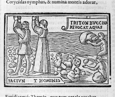 ग्रीक पौराणिक कथाओं: Deucalion और Pyrha पत्थर फेंकना जो पृथ्वी को आबाद करने के लिए प्रलय के बाद मनुष्य को जन्म देते हैं। १६वीं शताब्दी की जाइलोग्राफी द्वारा अज्ञात कलाकार