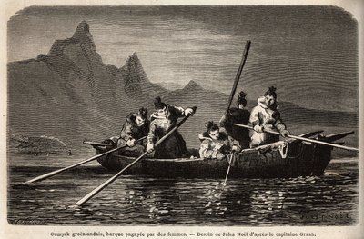 ग्रीनलैंड उम्यक, महिलाओं द्वारा संचालित नाव का प्रकार। 1860-1862 में यूनाइटेड स्टेट्स नेवी के सर्जन डॉक्टर हेस द्वारा आर्कटिक ध्रुव के मुक्त समुद्र की यात्रा को चित्रित करने के लिए उत्कीर्णन, "ले टूर डू मोंडे, नोव्यू जर्नल डेस वॉयेज" में प्रकाशित द्वारा अज्ञात कलाकार