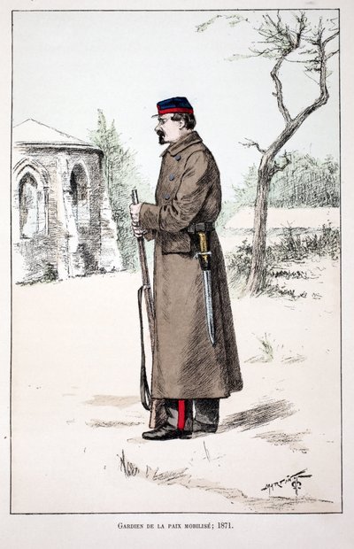 गार्जियंस ऑफ़ द पीस मोबिलिज़ (1871)। रंगों में नक़्क़ाशी, चित्रण के लिए "" हिस्टोइरे डू कॉर्प्स डेस गार्डियन्स डे ला पैक्स "" "पुस्तक लुई लेपिन (1846-1933) के तत्वावधान में सीन की पुलिस प्रीफेक्ट, अल्फ्रेड रे (1864-?) और लुई एफ द्व द्वारा अज्ञात कलाकार