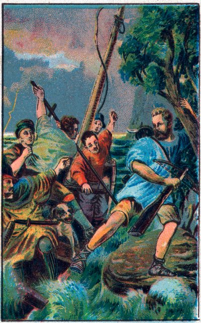 गिलाउम टेल (विलियम टेल) (स्विस स्वतंत्रता के महान नायक) गेस्लर की नाव से भाग निकले। 19 वीं शताब्दी के उत्तरार्ध की क्रोमोलिथोग्राफी। द्वारा अज्ञात कलाकार