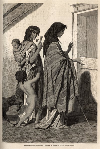 जिप्सी महिलाएं और बच्चे, लत्ता में या आधे नग्न, Essek (डेन्यूब बेसिन) में डोर-टू-डोर अल्मोन मांगते हुए। 1868 में जॉर्जेस पेरोट द्वारा दक्षिणी स्लावों के बीच यात्रा की यादों को चित्रित करने के लिए उत्कीर्ण, "ले टूर डू मोंडे" 1870-1871 में प्रकाशित द्वारा अज्ञात कलाकार
