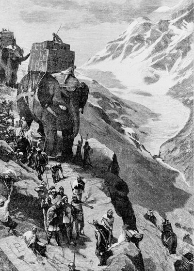हैनिबल हाथियों के साथ आल्प्स को पार करता है और 218 ईसा पूर्व में इटली पहुंचता है। (दूसरा पूनिक युद्ध)। 19वीं सदी की नक्काशी। द्वारा अज्ञात कलाकार