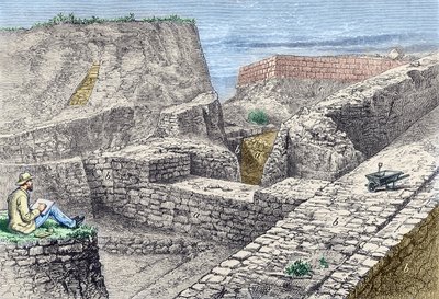 खुदाई के दौरान ट्रॉय (हिसारलिक) की दीवारों के चित्र लेते हुए हेनरिक श्लीमैन द्वारा अज्ञात कलाकार