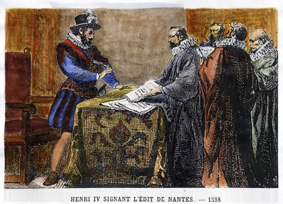 हेनरी IV (1553 - 1610) ने 1598 में एडिट डे नैनटेस पर हस्ताक्षर किए। द्वारा अज्ञात कलाकार