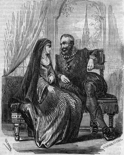 फ्रांस के हेनरी चतुर्थ राजा (1553-1610) मोंटमार्ट्रे मैरी डे ब्यूविलियर्स के मठाधीश के साथ - 19वीं शताब्दी की नक्काशी द्वारा अज्ञात कलाकार