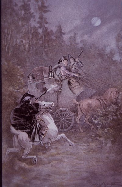 19वीं सदी की शुरुआत में हाईवेमैन ने स्टेजकोच को पकड़ा (कलर लिथो) द्वारा अज्ञात कलाकार